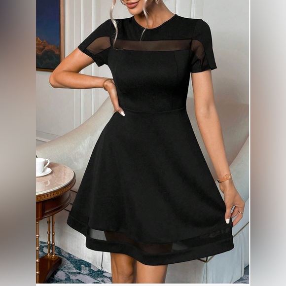 Black Contrast Mesh A-line Dress - Picture 4 of 4